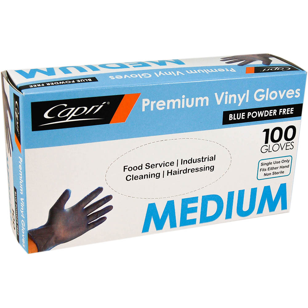 Image for CAPRI VINYL GLOVE POWDER FREE BLUE MEDIUM PACK 100 from OFFICE NATIONAL CANNING VALE