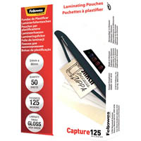 fellowes laminating pouch 125 micron 54 x 86mm clear pack 50