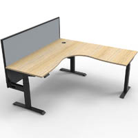 rapidline boost plus height adjustable corner workstation with screen 1800 x 1800 x 750mm natural oak top / black frame / grey