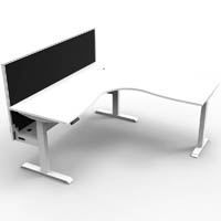 rapidline boost plus height adjustable corner workstation with screen / cable tray 1500 x 1500 x 750mm natural white top / whit