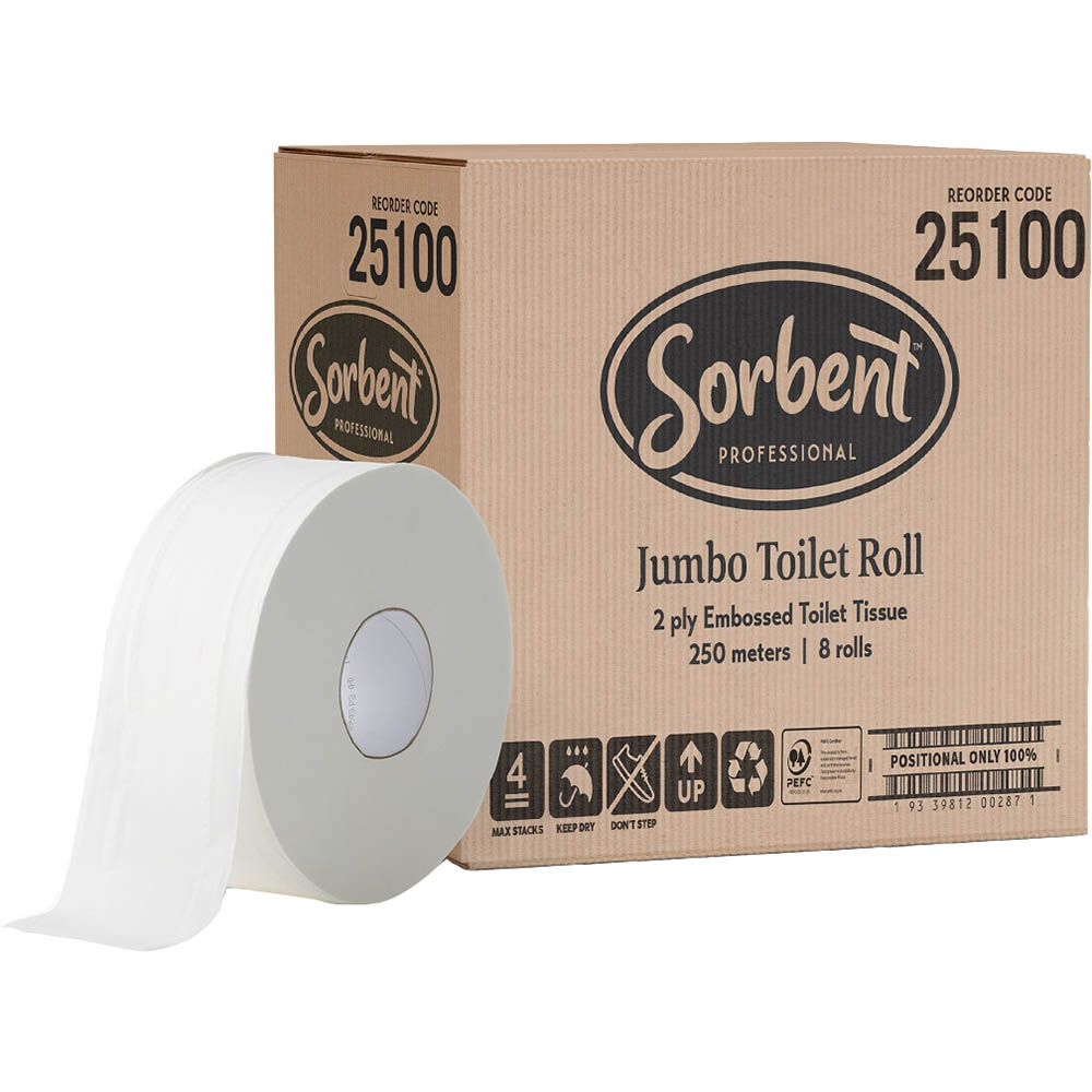 Image for SORBENT PROFESSIONAL JUMBO TOILET TISSUE 2 PLY 250M ROLL CARTON 8 from Surry Office National