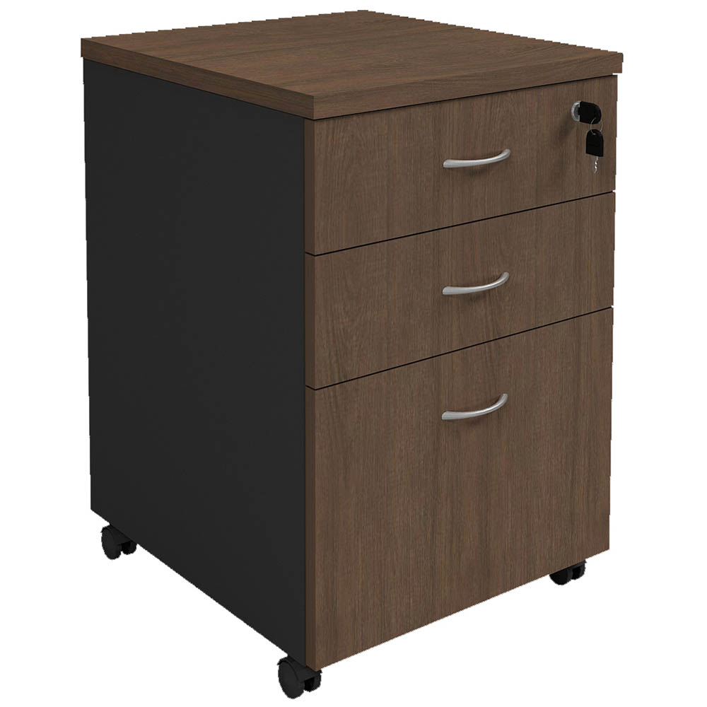 Image for OM PREMIER MOBILE PEDESTAL 3-DRAWER LOCKABLE 468 X 510 X 685MM REGAL WALNUT/CHARCOAL from Surry Office National