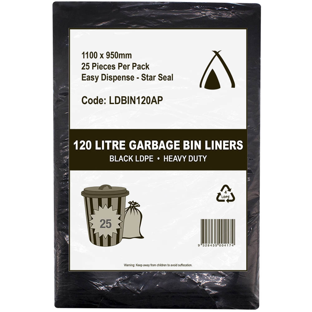 Image for HUHTAMAKI HEAVY DUTY ALL PURPOSE LDPE BIN LINER 120 LITRE 1100 X 950MM BLACK PACK 25 from Office National Port Augusta