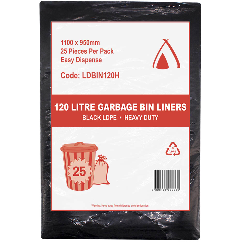 Image for HUHTAMAKI HEAVY DUTY LDPE BIN LINER 120 LITRE 1100 X 950MM BLACK PACK 25 from Surry Office National