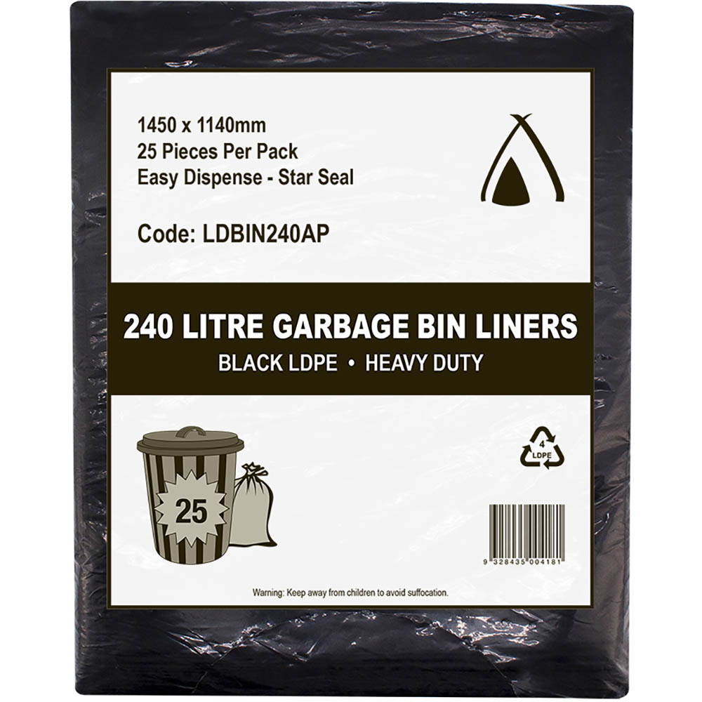 Image for HUHTAMAKI HEAVY DUTY ALL PURPOSE LDPE BIN LINER 240 LITRE 1450 X 1140MM BLACK PACK 25 from Office National Barossa