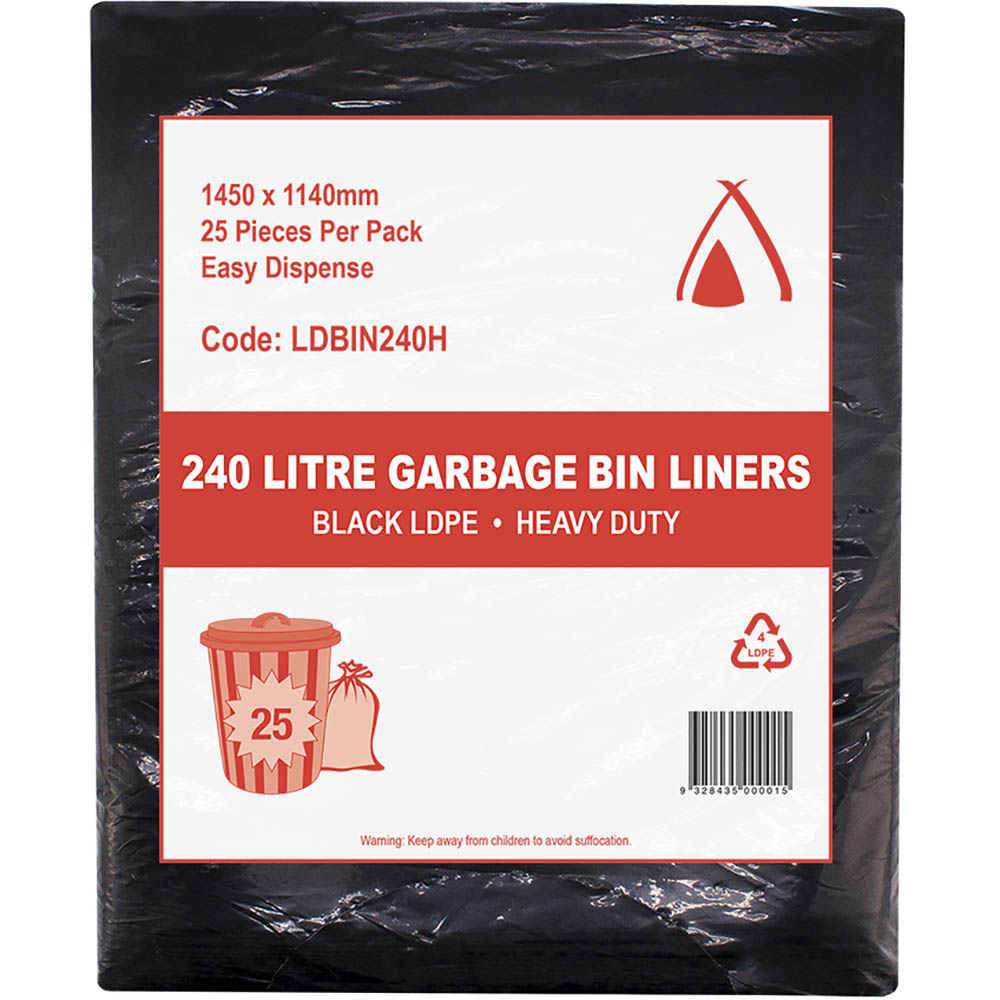 Image for HUHTAMAKI HEAVY DUTY LDPE BIN LINER 240 LITRE 1450 X 1140MM BLACK PACK 25 from Surry Office National