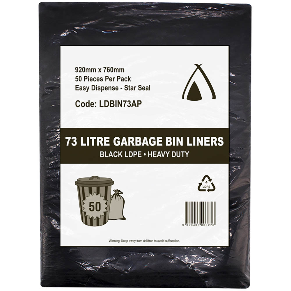 Image for HUHTAMAKI LDPE BIN LINER 73 LITRE 920 X 760MM BLACK PACK 50 from Coleman's Office National