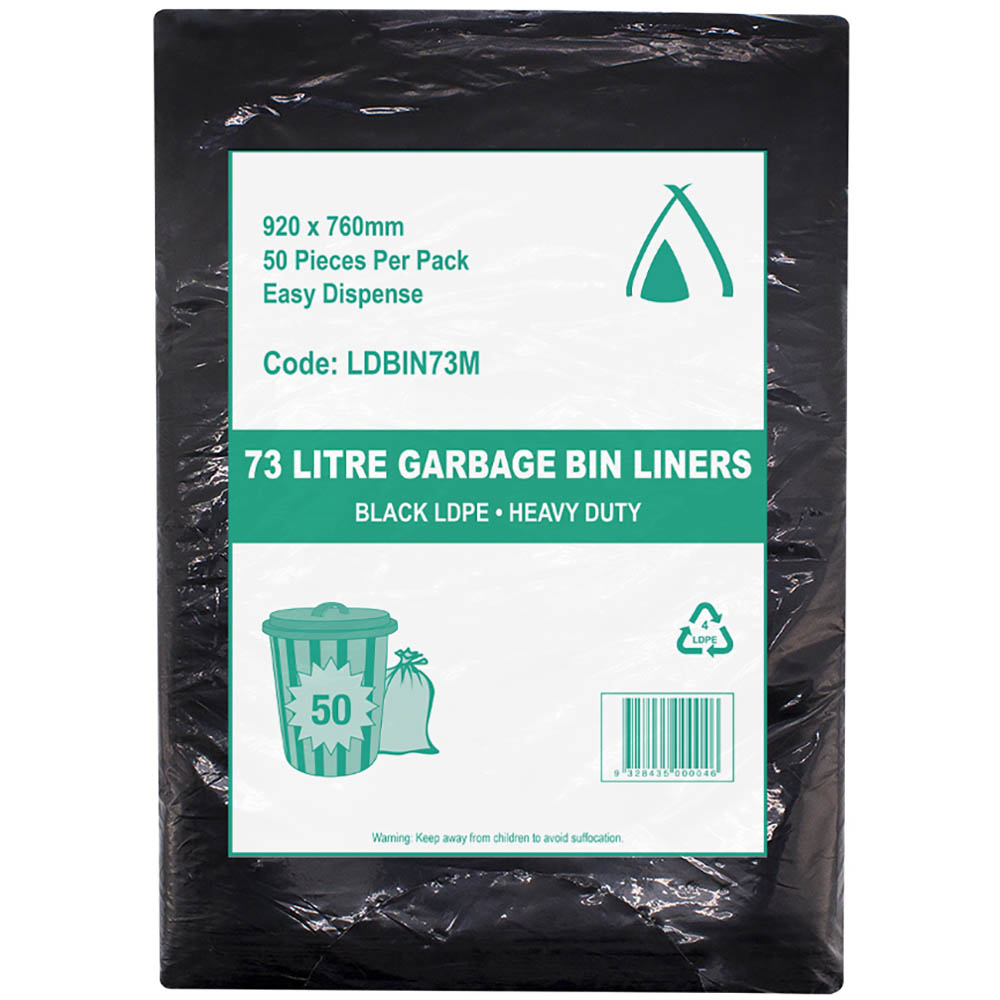 Image for HUHTAMAKI MEDIUM DUTY LDPE BIN LINER 73 LITRE 920 X 760MM BLACK PACK 50 from Surry Office National