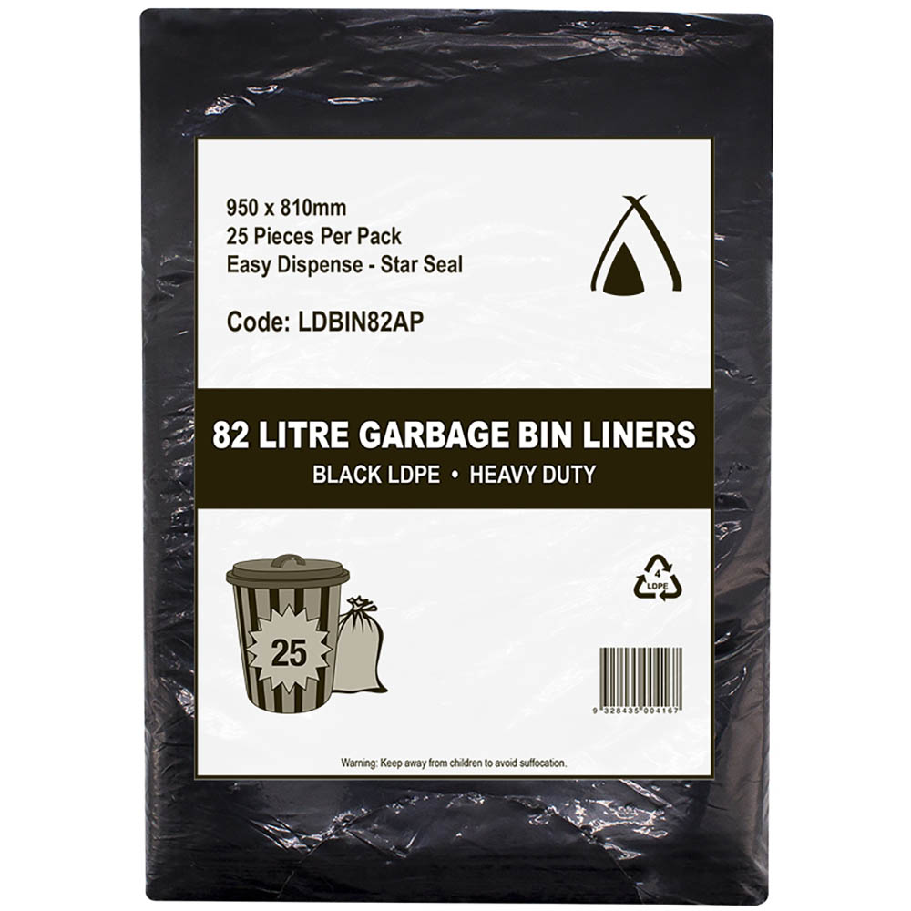 Image for HUHTAMAKI HEAVY DUTY LDPE BIN LINER STAR SEAL 82 LITRE 950 X 810MM BLACK PACK 25 from Office National Port Augusta