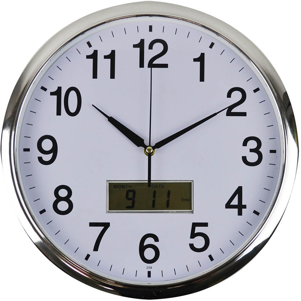 Image for ITALPLAST WALL CLOCK WITH LCD DISPLAY 360MM WHITE / CHROME from Angletons Office National