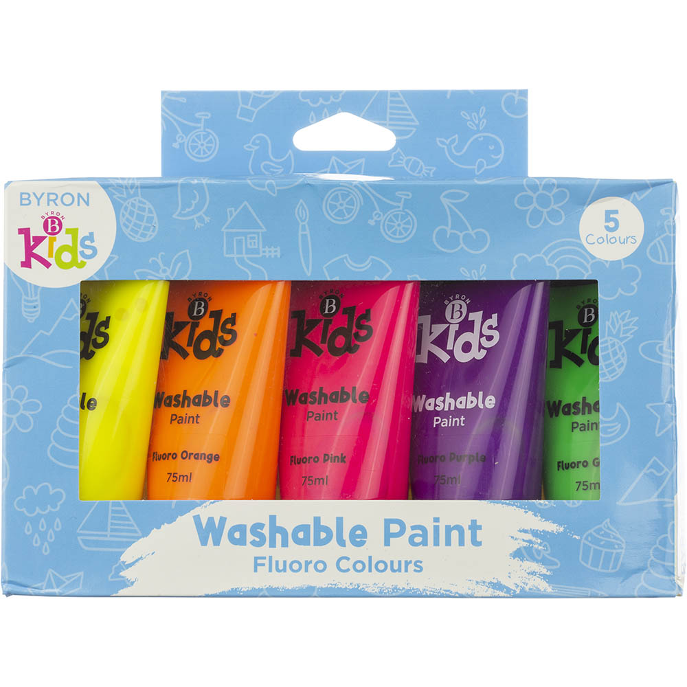 Image for JASART BYRON KIDS WASHABLE PAINT 75ML FLUORO ASSORTED PACK 5 from BACK 2 BASICS & HOWARD WILLIAM OFFICE NATIONAL