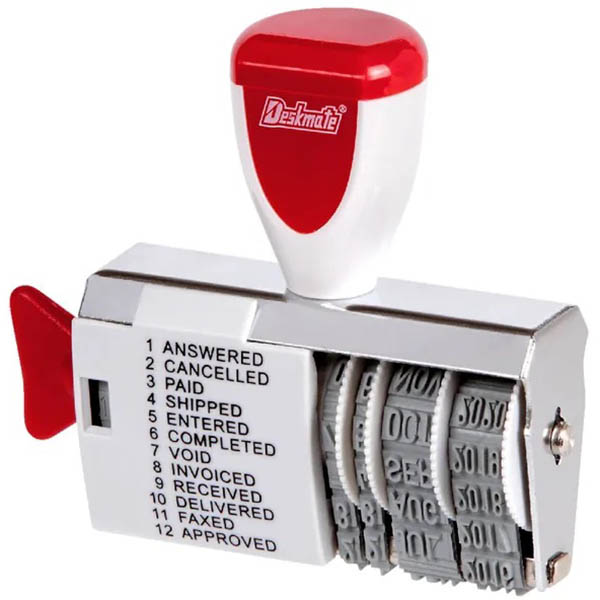 Image for DESKMATE TRADITIONAL DIAL-A-PHRASE DATE STAMP 12 PHRASES 4 BAND 4MM from Surry Office National