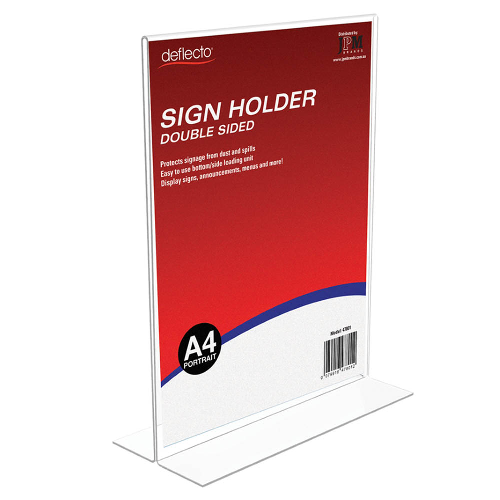 Image for DEFLECTO SIGN HOLDER T-SHAPE DOUBLE SIDED PORTRAIT A4 CLEAR from Emerald Office Supplies Office National