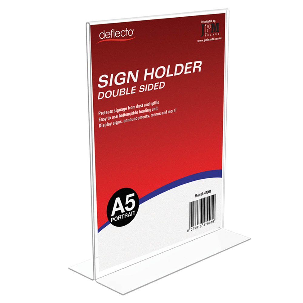 Image for DEFLECTO SIGN HOLDER T-SHAPE DOUBLE SIDED PORTRAIT A5 CLEAR from BACK 2 BASICS & HOWARD WILLIAM OFFICE NATIONAL