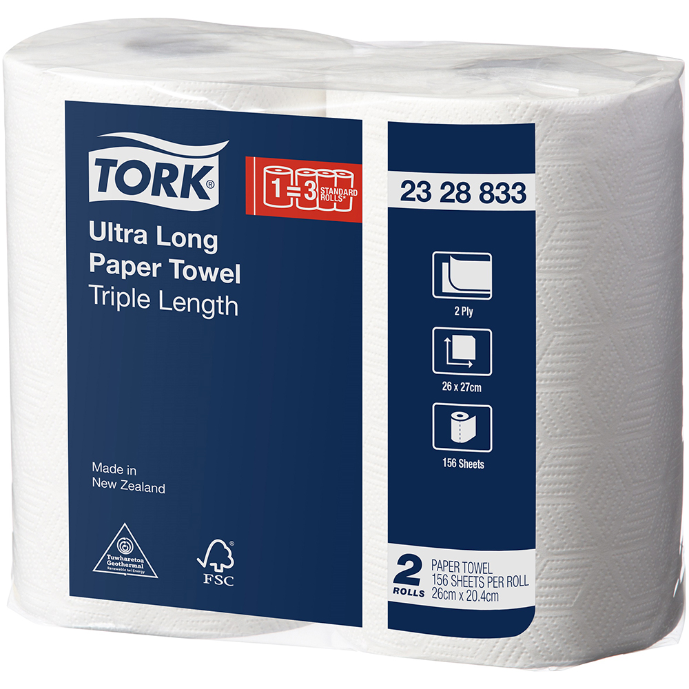 Image for TORK 2328833 ULTRA LONG TRIPLE LENGTH KITCHEN ROLL 2-PLY 156 SHEET WHITE PACK 2 from Surry Office National