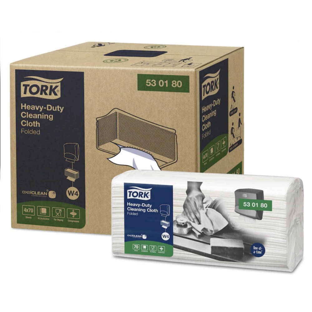 Image for TORK 530180 W4 HEAVY DUTY CLEANING CLOTH FOLDED LARGE WHITE PACK 70 SHEETS from Surry Office National