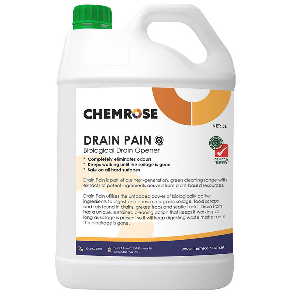 Image for CHEMROSE DRAIN PAIN BIOLOGICAL DRAIN OPENER 5 LITRE from Emerald Office Supplies Office National