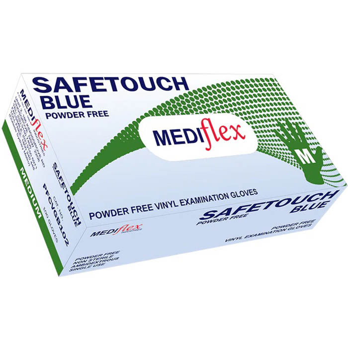 Image for SAFETOUCH VINYL POWDER FREE DISPOSABLE GLOVES MEDIUM BLUE PACK 100 from Paul John Office National