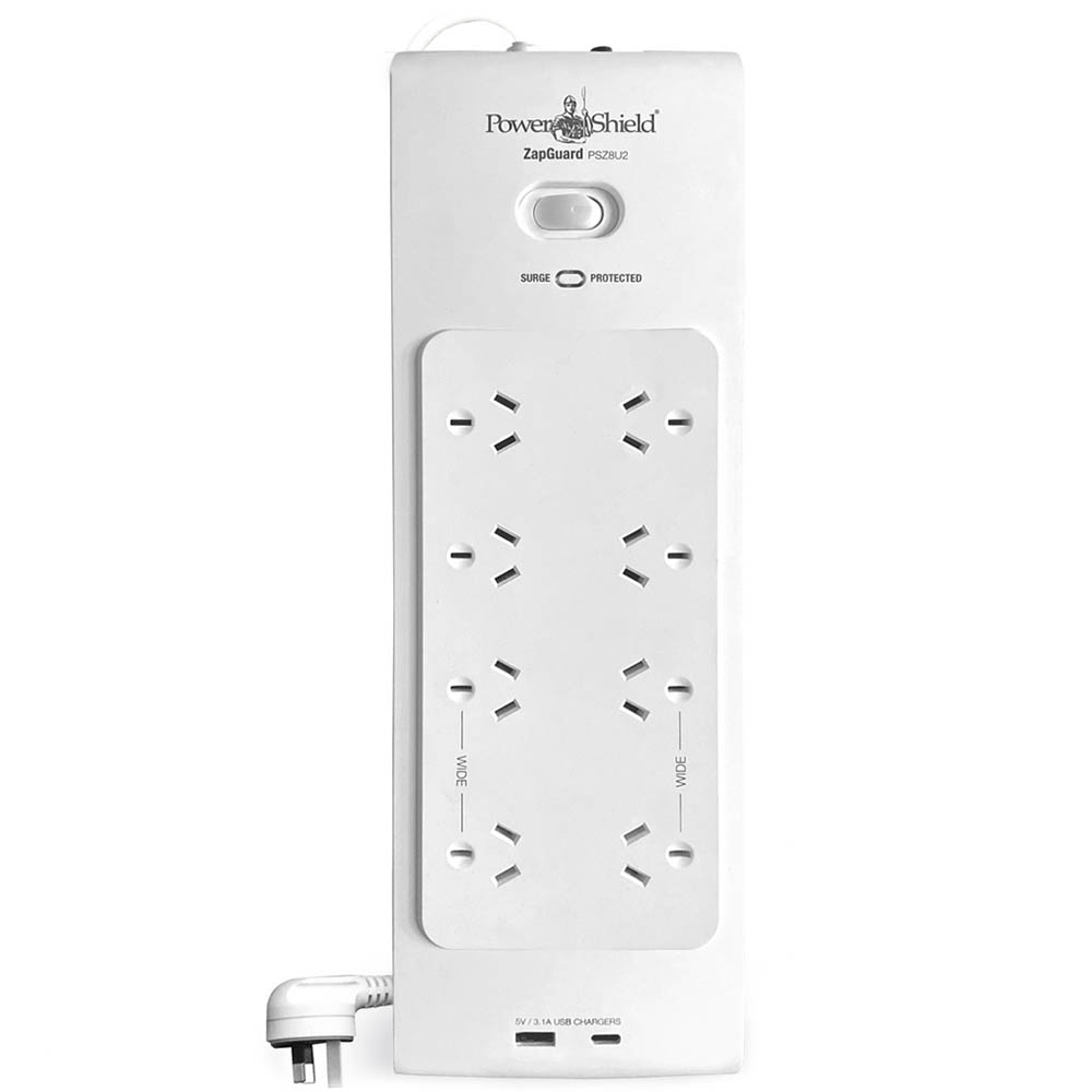 Image for POWERSHIELD PSZ8U2 ZAPGUARD 8 WAY POWER SURGE FILTER BOARD WITH 2 X USB WHITE from OFFICE NATIONAL CANNING VALE