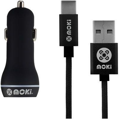Image for MOKI CAR CHARGER AND SYNCHARGE BRAIDED CABLE USB-A TO USB-C 900MM BLACK from PaperChase Office National