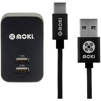 Image for MOKI WALL CHARGER AND SYNCHARGE BRAIDED CABLE USB-A TO USB-C 150MM BLACK from Surry Office National