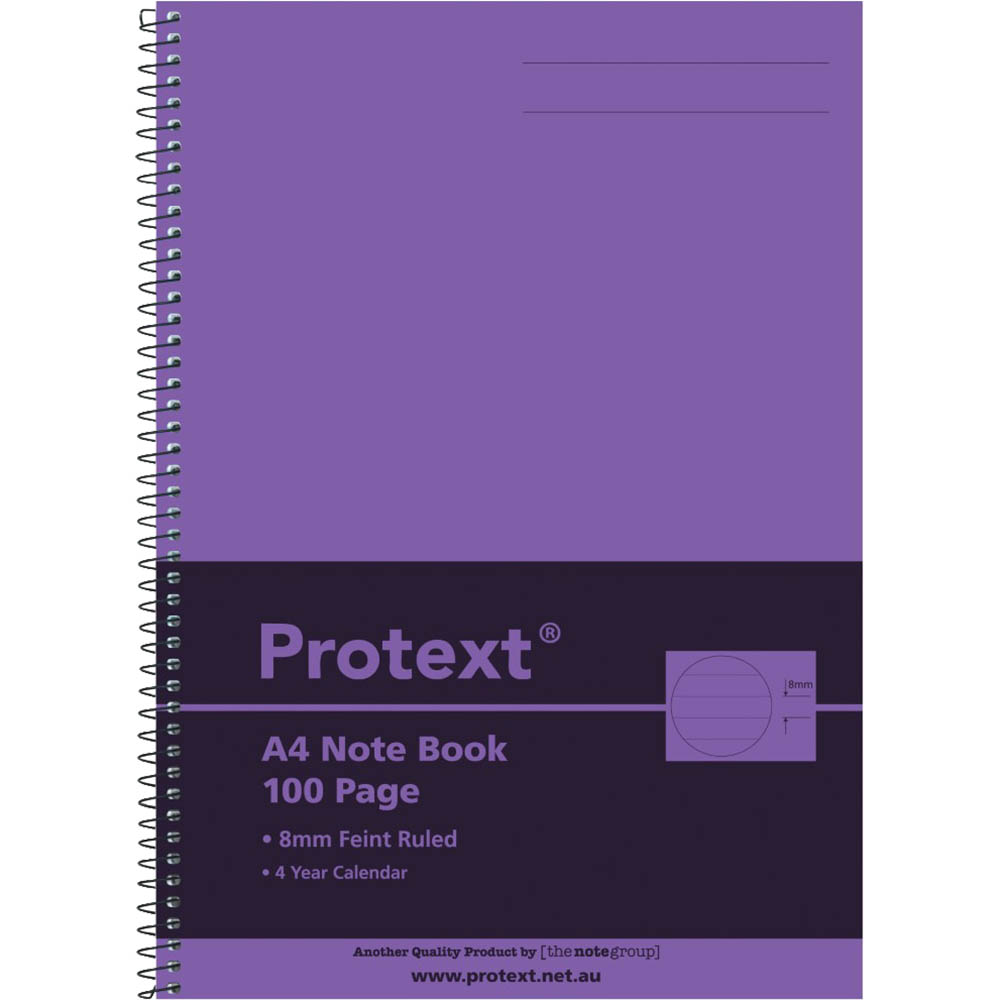 Image for PROTEXT NOTE BOOK 8MM FEINT RULED 55GSM 100 PAGE A4 PURPLE from Aztec Office National