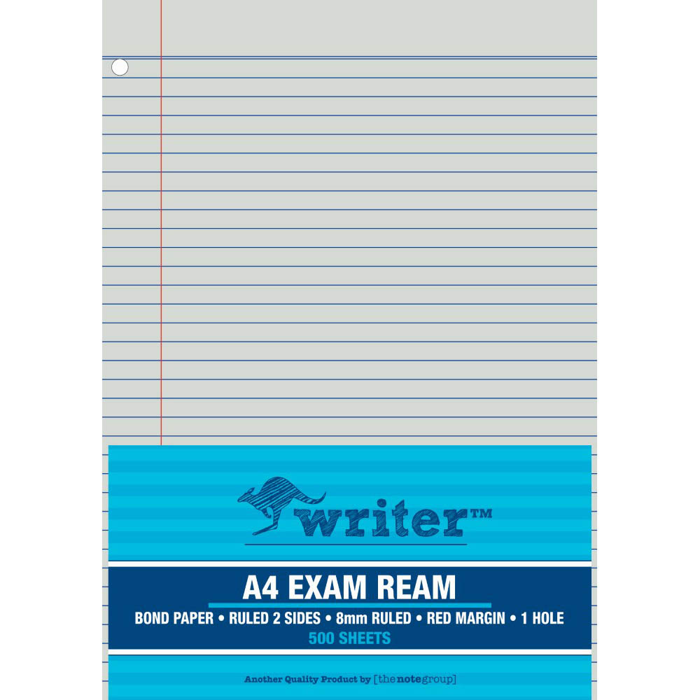 Image for WRITER EXAM PAPER 60GSM 8MM RULED 1 HOLE PUNCHED A4 WHITE 500 SHEETS from OFFICE NATIONAL CANNING VALE