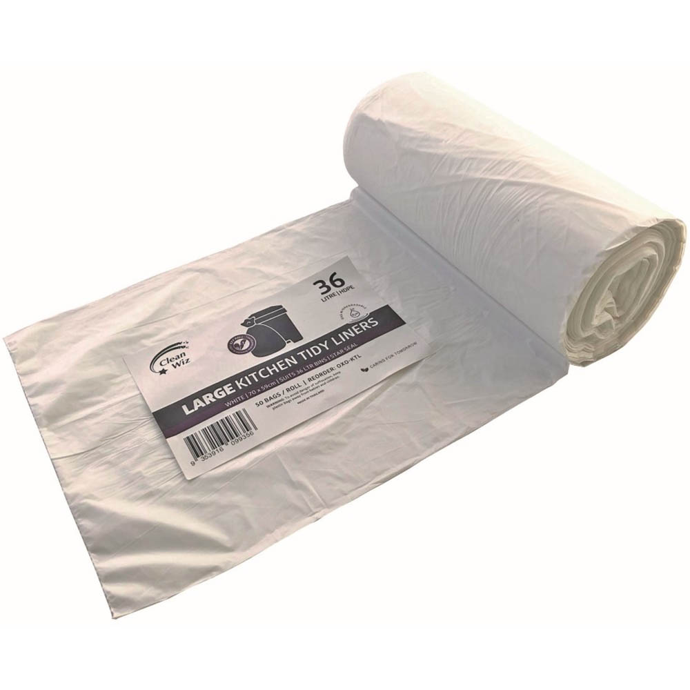Image for CLEAN WIZ KITCHEN BIN LINER OXO-BIODEGRADABLE 36 LITRE WHITE PACK 50 from Aztec Office National Melbourne