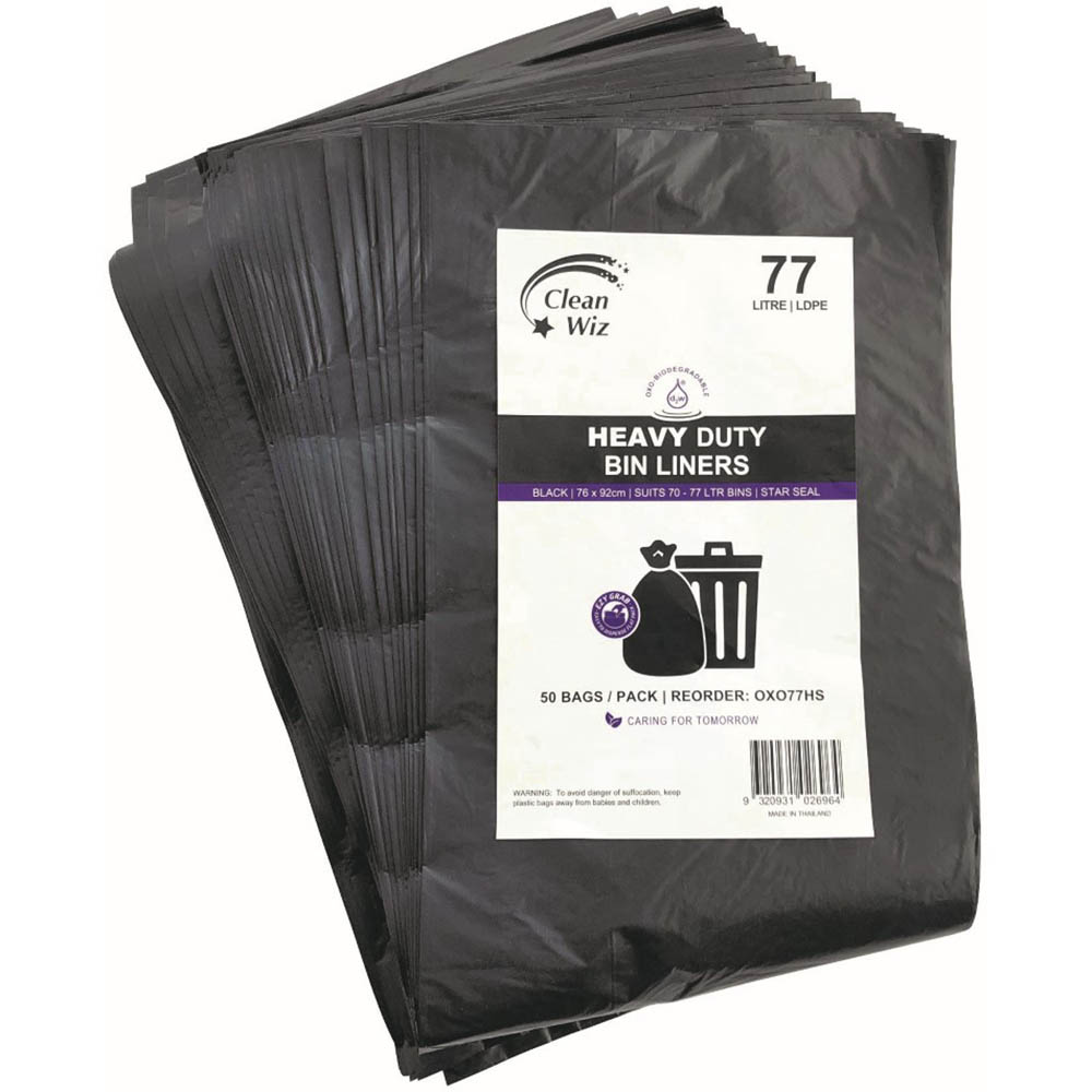 Image for CLEAN WIZ HEAVY DUTY BIN LINER OXO-BIODEGRADABLE 77 LITRE BLACK PACK 50 from Coffs Coast Office National