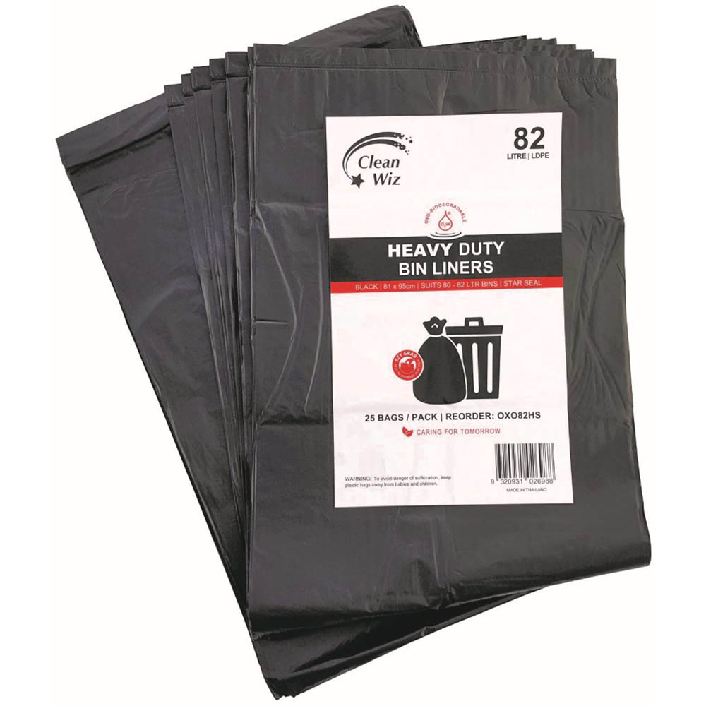 Image for CLEAN WIZ HEAVY DUTY BIN LINER OXO-BIODEGRADABLE 82 LITRE BLACK PACK 25 from Chris Humphrey Office National