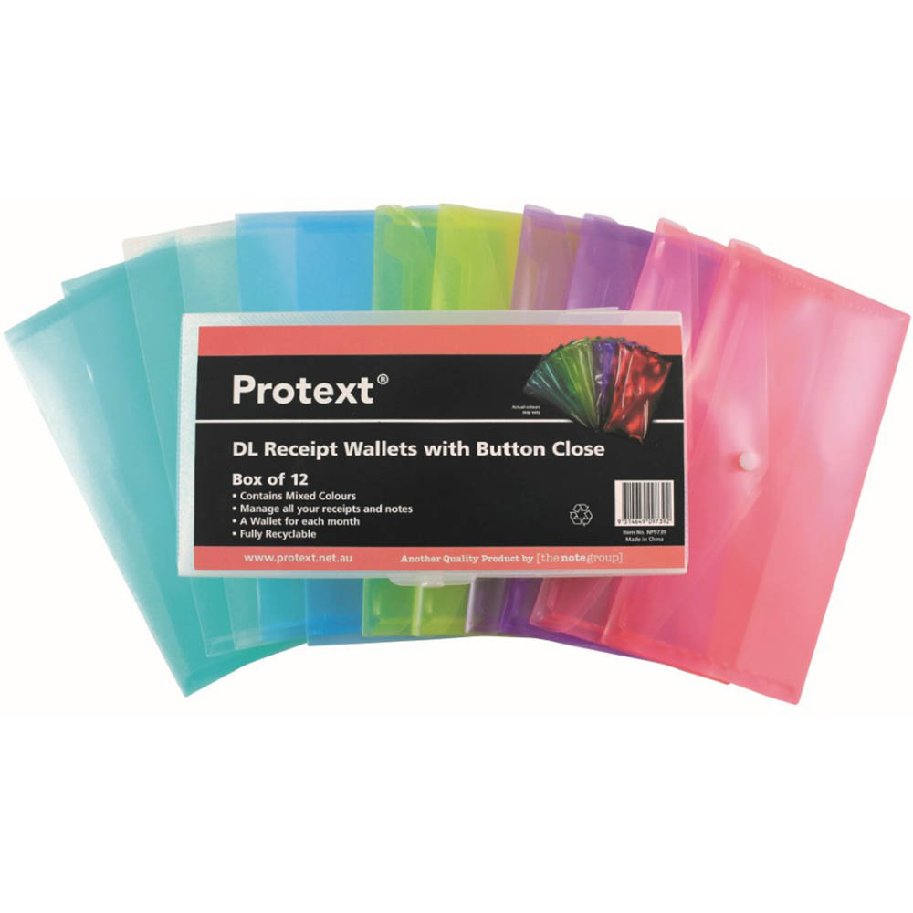 Image for PROTEXT DOCUMENT WALLET WITH BUTTON DL TRANSLUSCENT ASSORTED PP PACK 12 from PaperChase Office National