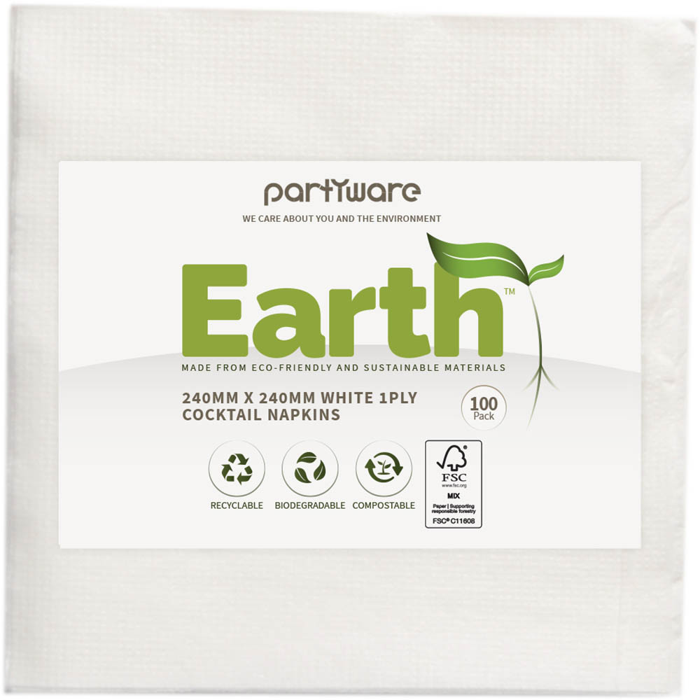 Image for EARTH ECO COCKTAIL NAPKIN 1 PLY 240 X 240MM WHITE PACK 100 from Complete Stationery Office National (Devonport & Burnie)