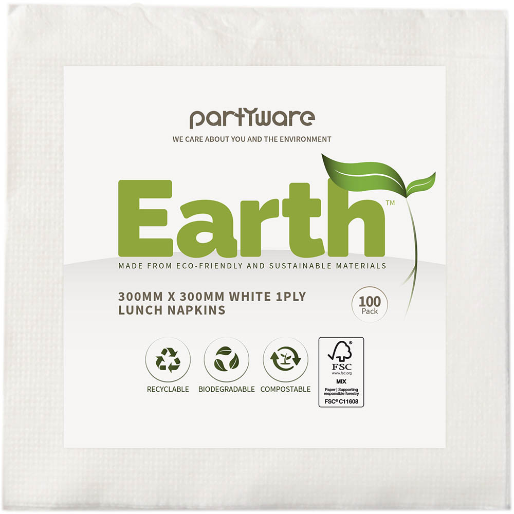 Image for EARTH ECO LUNCHEON NAPKIN 1 PLY 300 X 300MM WHITE PACK 100 from Aztec Office National