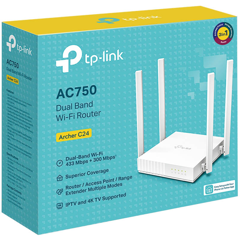 Image for TP-LINK ARCHER C24 AC750 DUAL-BAND WI-FI ROUTER WHITE from Connelly's Office National