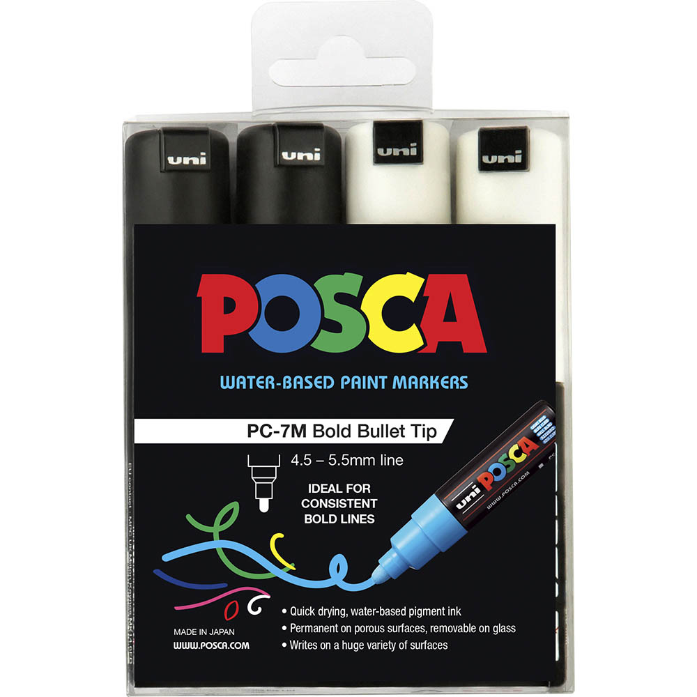 Image for POSCA PC-7M PAINT MARKER BULLET BOLD 5.5MM BLACK AND WHITE PACK 4 from Emerald Office Supplies Office National