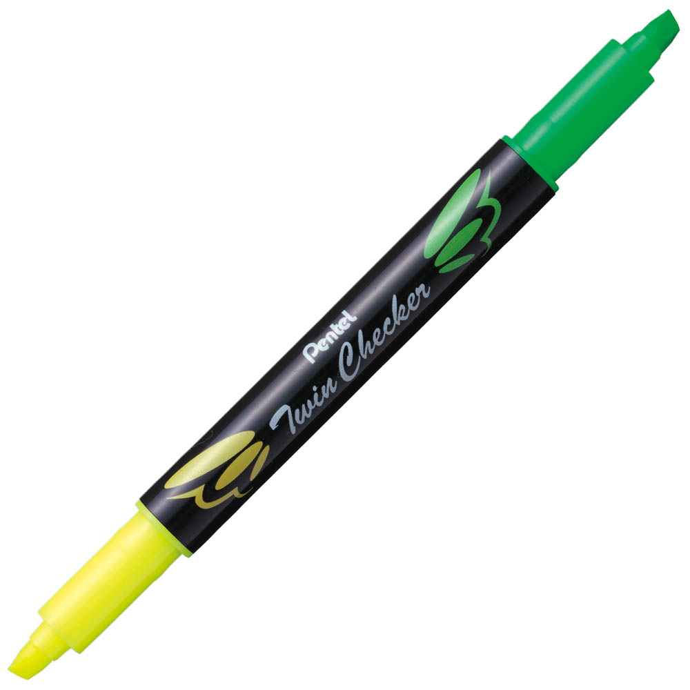 Image for PENTEL SLW8 TWIN CHECKER HIGHLIGHTER TWIN TIP CHISEL YELLOW/GREEN from Angletons Office National