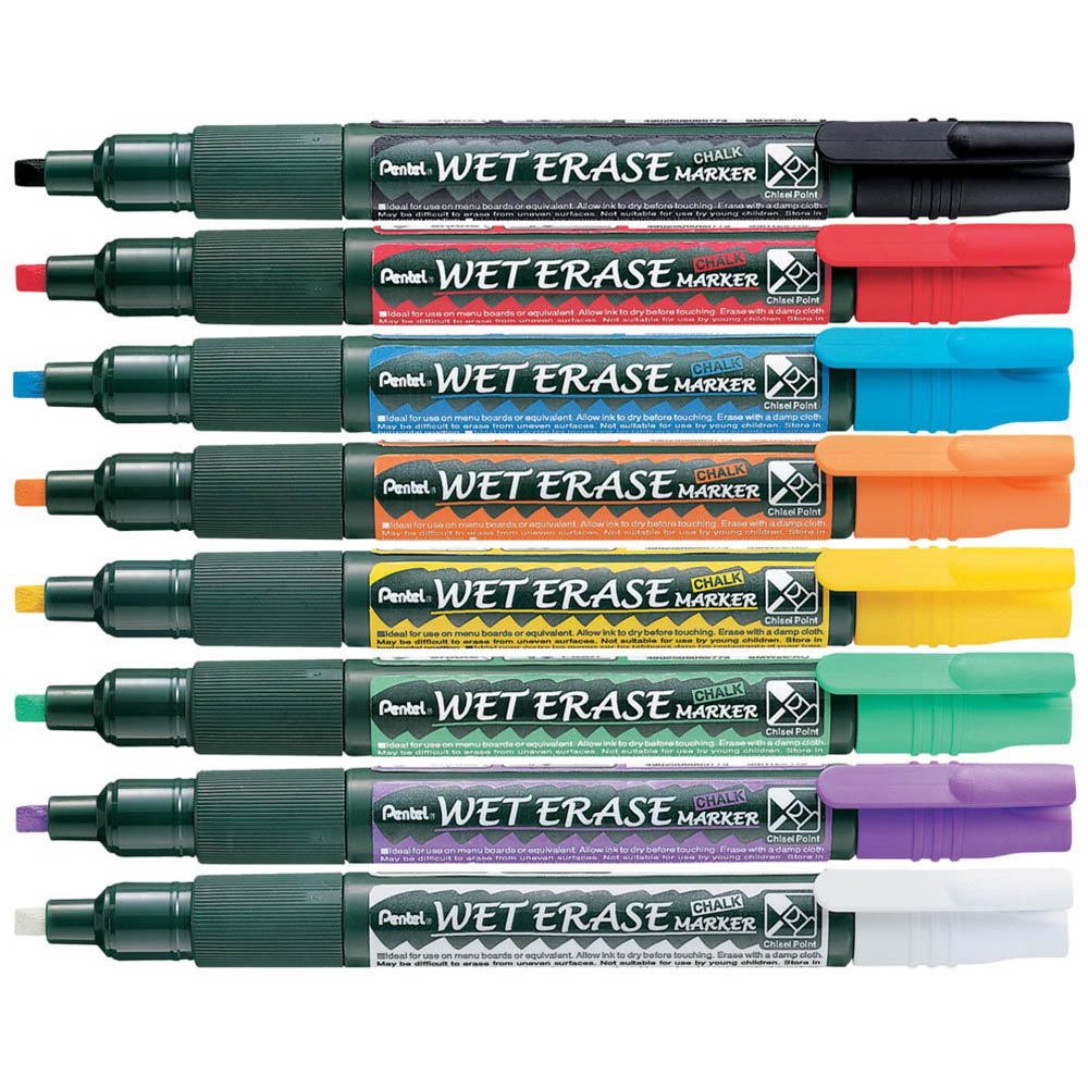 Image for PENTEL SMW26 WET ERASE CHALK MARKER CHISEL ASSORTED BOX 12 from Surry Office National