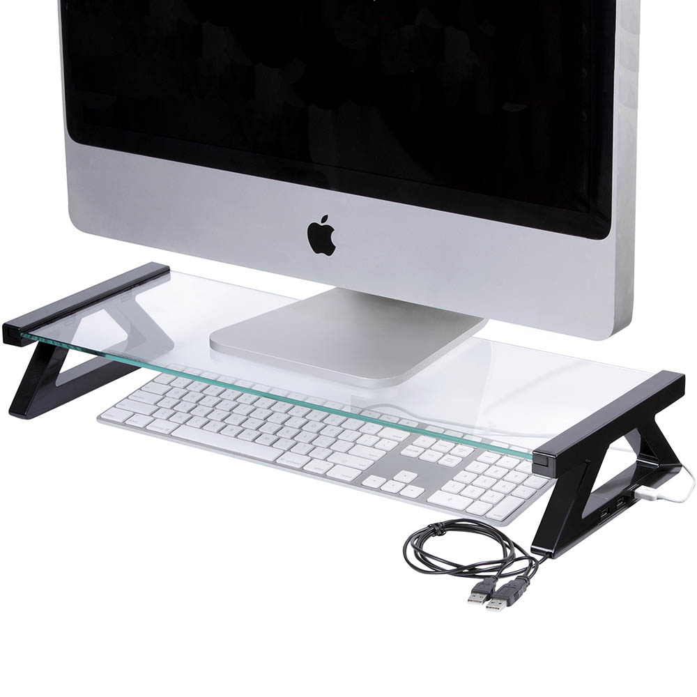 Image for ESSELTE MONITOR STAND GLASS WITH 3 USB PORTS 20KG CAPACITY W570 X D210 X H90MM BLACK from Everyday & Simply Office National