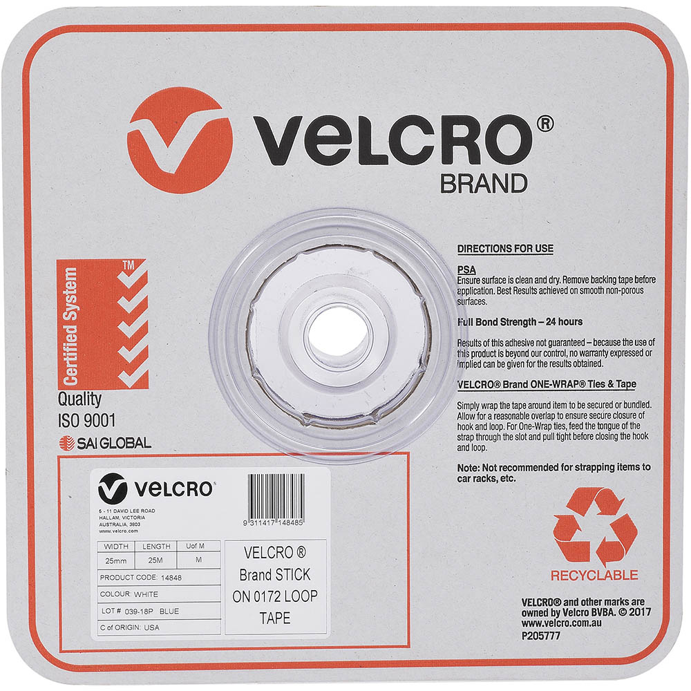 Image for VELCRO BRAND® STICK-ON LOOP TAPE 25MM X 25M WHITE from Mackay Business Machines (MBM) Office National