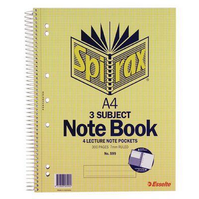 Image for SPIRAX 599 3-SUBJECT NOTEBOOK 7MM RULED SPIRAL BOUND 300 PAGE A4 from Emerald Office Supplies Office National