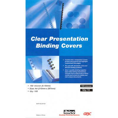 Image for GBC IBICO BINDING COVER 150 MICRON A4 CLEAR PACK 100 from Two Bays Office National