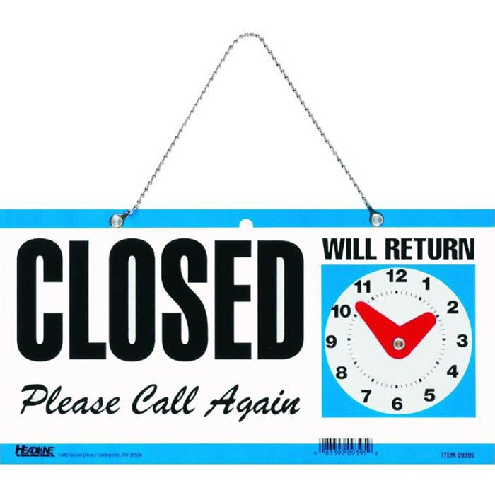 Image for HEADLINE SIGN OPEN/CLOSED WITH CLOCK 292 X 150MM BLUE/BLACK/WHITE from Mackay Business Machines (MBM) Office National