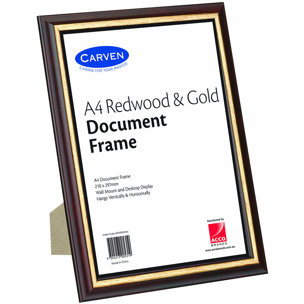 Image for CARVEN DOCUMENT FRAME A4 REDWOOD/GOLD from Emerald Office Supplies Office National
