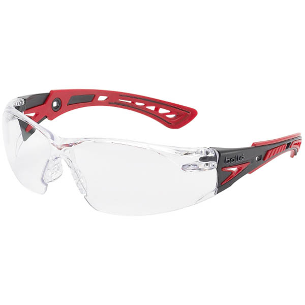 Image for BOLLE SAFETY RUSH PLUS SAFETY GLASSES RED AND BLACK ARMS CLEAR LENS from Mackay Business Machines (MBM) Office National