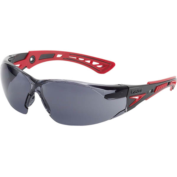 Image for BOLLE SAFETY RUSH PLUS SAFETY GLASSES RED AND BLACK ARMS SMOKE LENS from Ezi Office Supplies Gold Coast Office National