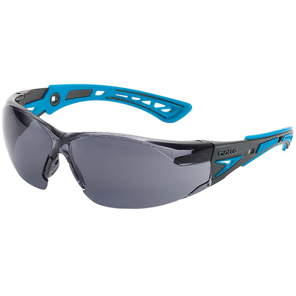 Image for BOLLE SAFETY RUSH PLUS SMALL SAFETY GLASSES BLUE AND BLACK ARMS SMOKE LENS from Office National Sydney Stationery