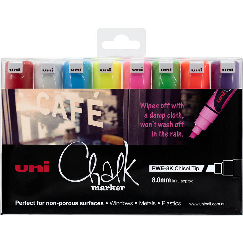Image for UNI-BALL CHALK MARKER CHISEL TIP 8MM ASSORTED PACK 8 from Copylink Office National