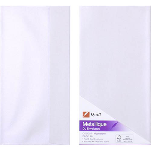 Image for QUILL DL METALLIQUE ENVELOPES PLAINFACE STRIP SEAL 80GSM 110 X 220MM MOONSTONE PACK 10 from Surry Office National