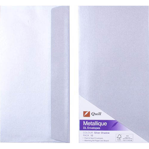 Image for QUILL DL METALLIQUE ENVELOPES PLAINFACE STRIP SEAL 80GSM 110 X 220MM SILVER PACK 10 from Office National