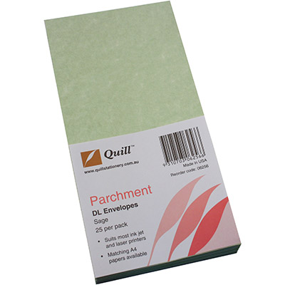 Image for QUILL DL PARCHMENT ENVELOPES PLAINFACE STRIP SEAL 90GSM 110 X 220MM SAGE PACK 25 from Connelly's Office National